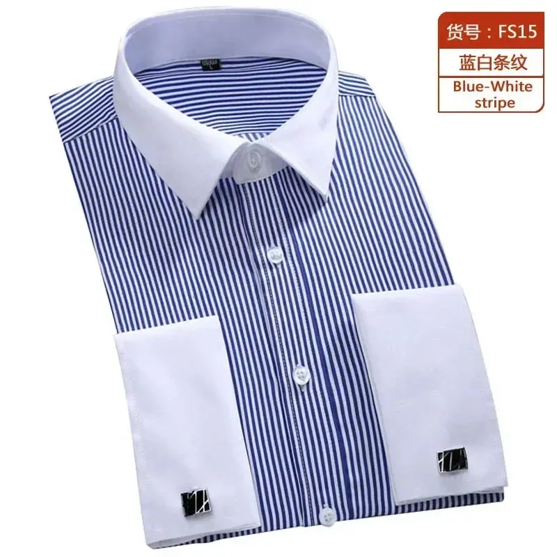 Men's Long Sleeve French Cuff Shirt - Multi-Color, Business Casual, All-Season Gentlemen's Wear