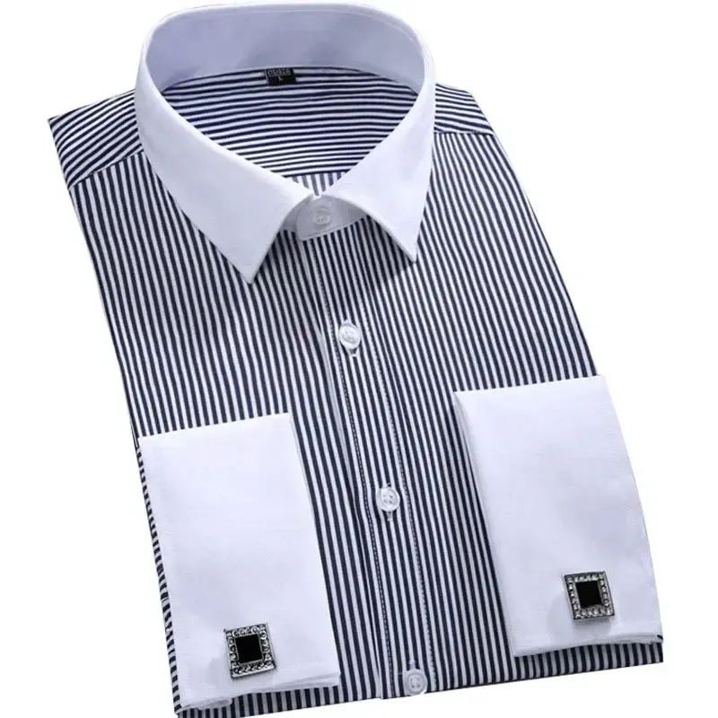 Men's Long Sleeve French Cuff Shirt - Multi-Color, Business Casual, All-Season Gentlemen's Wear