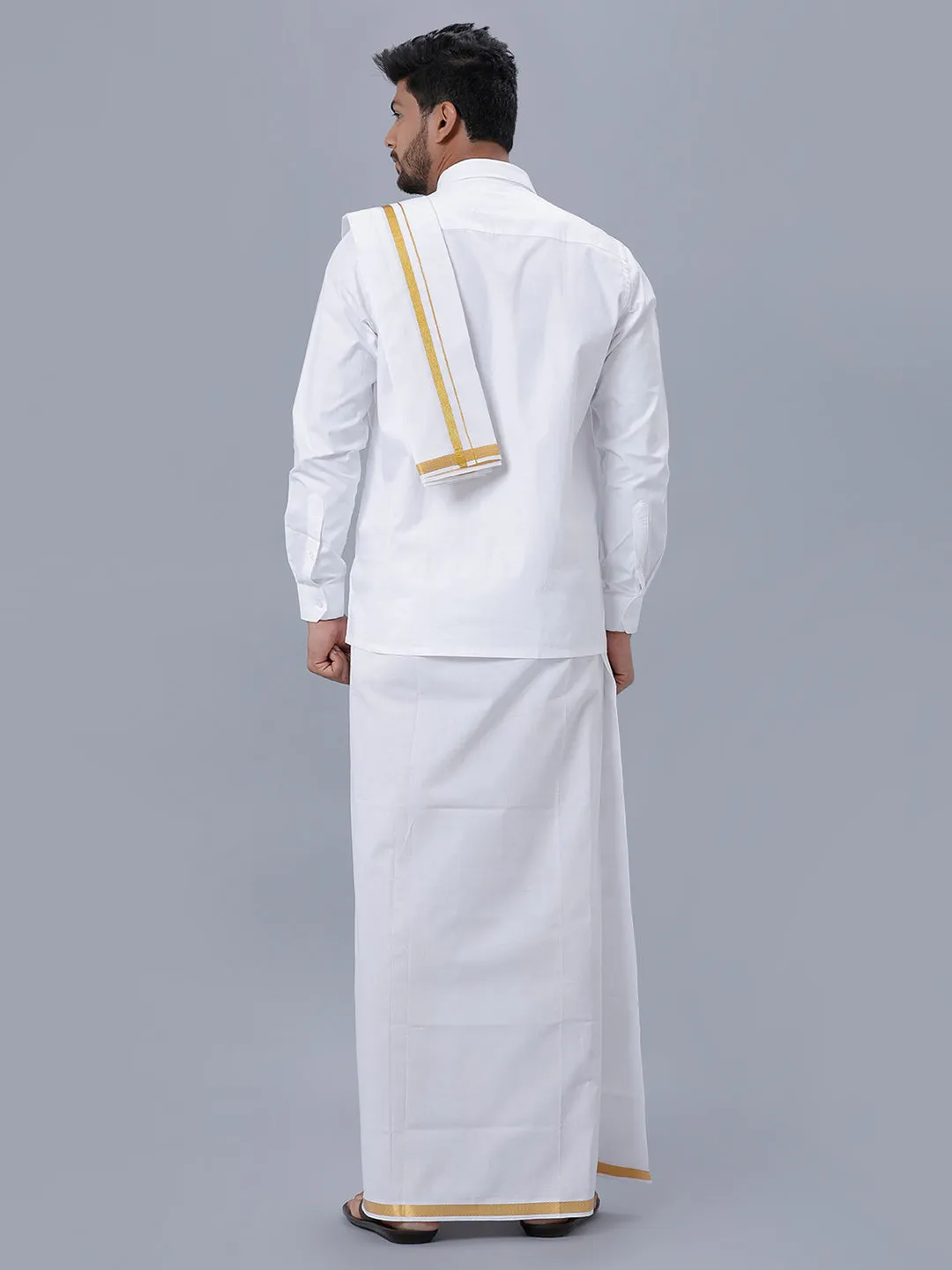 Mens Wrinkle Free White Full Sleeves Shirt, Double Dhoti, Towel & Belt Combo