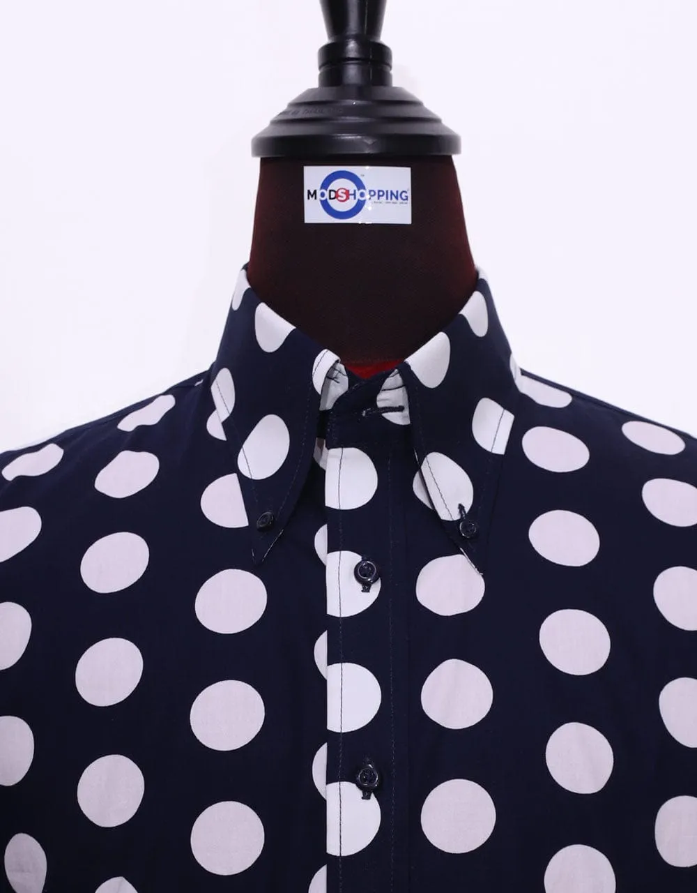 Mod Shirt | Large Dark Navy Blue Polka Dot Shirt