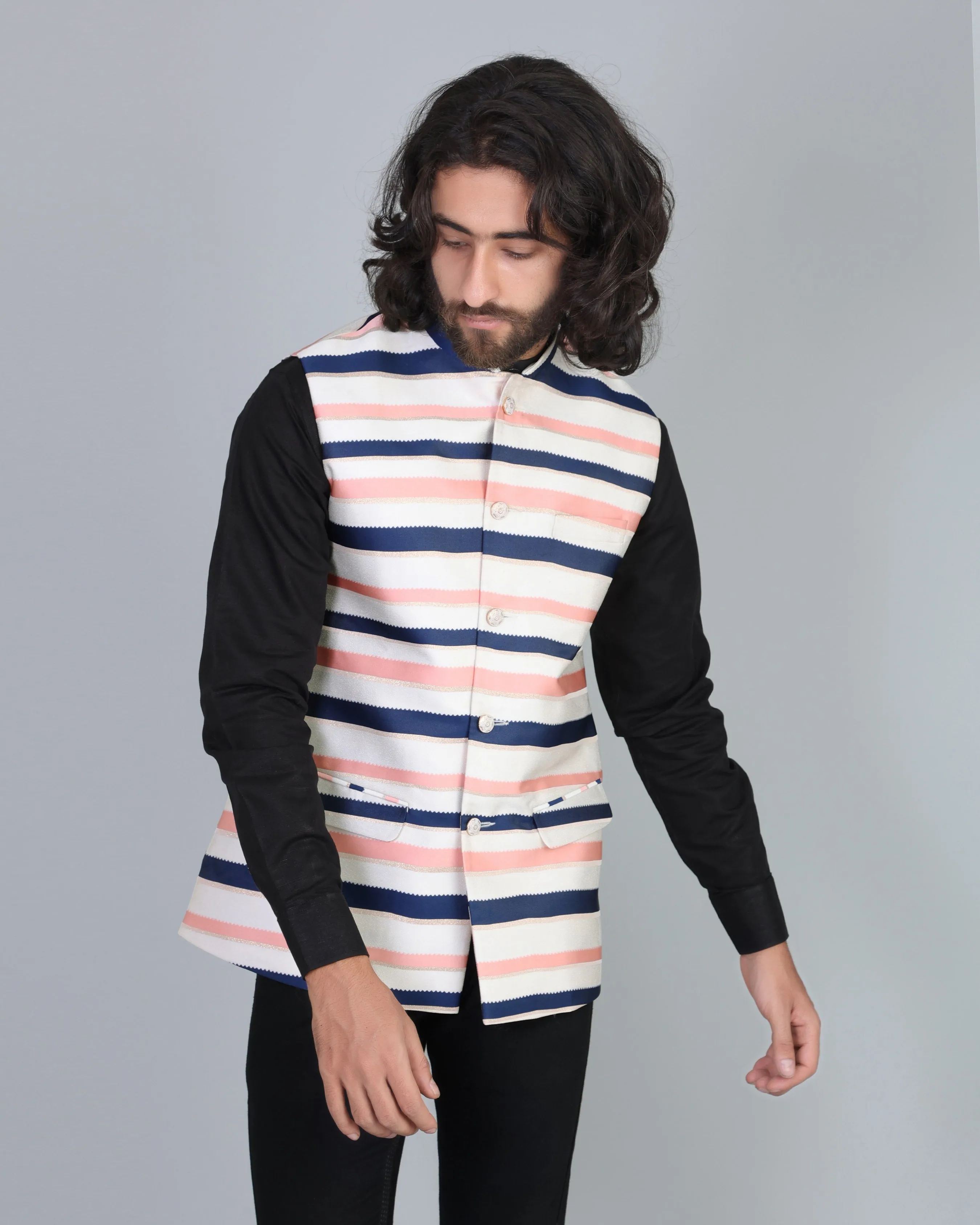 Navyblue With Peach Jacquard Designer Nehru Jacket