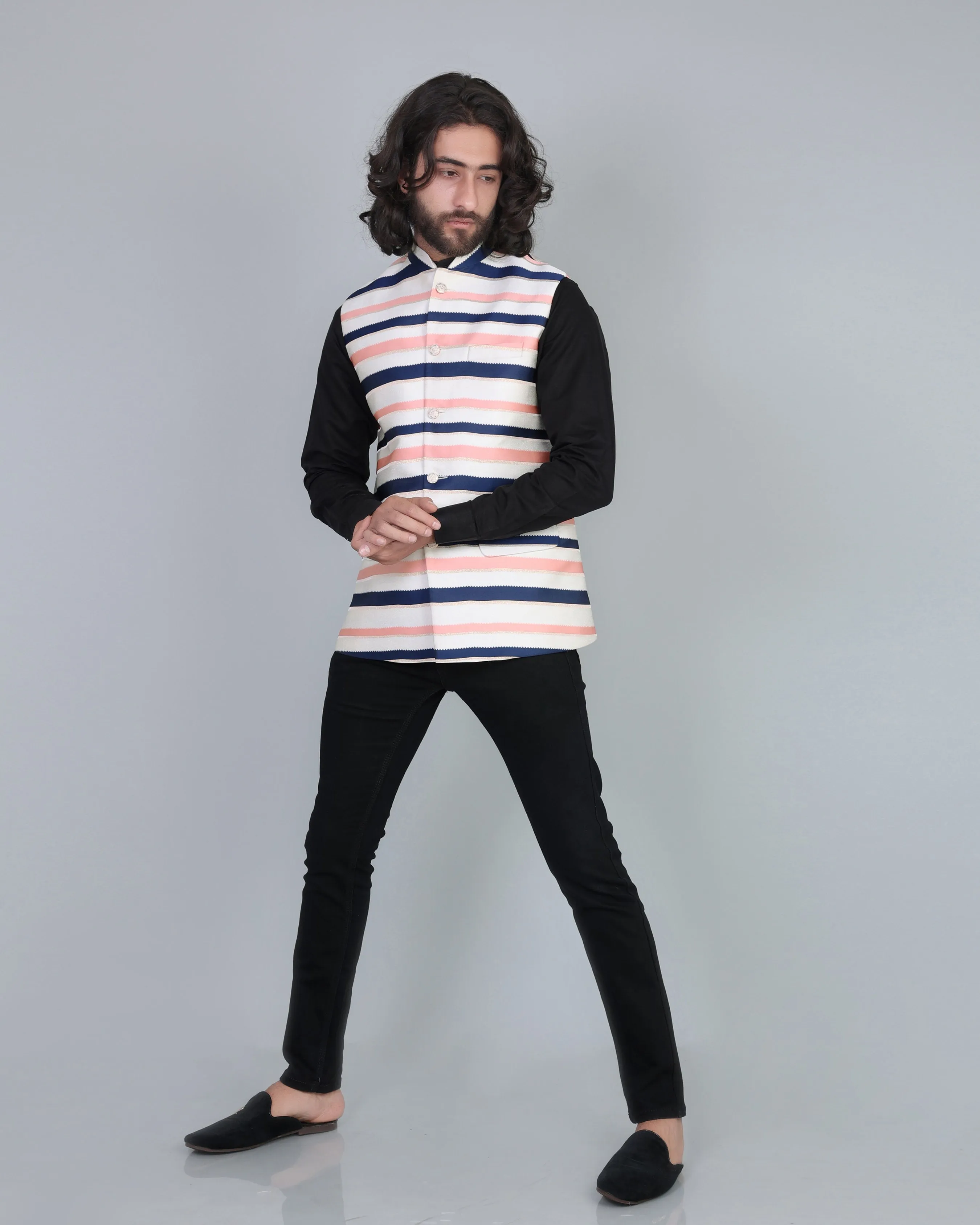 Navyblue With Peach Jacquard Designer Nehru Jacket