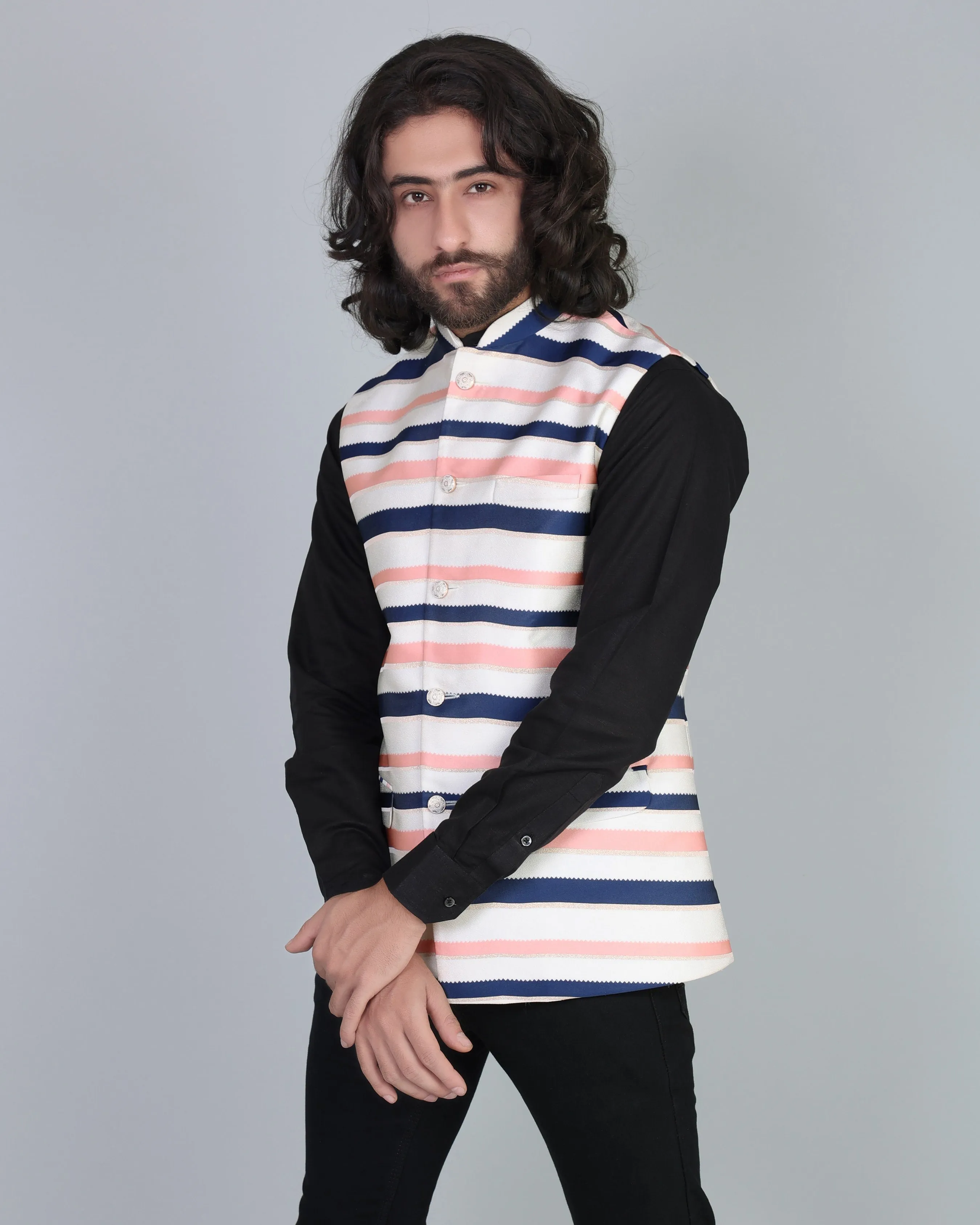 Navyblue With Peach Jacquard Designer Nehru Jacket
