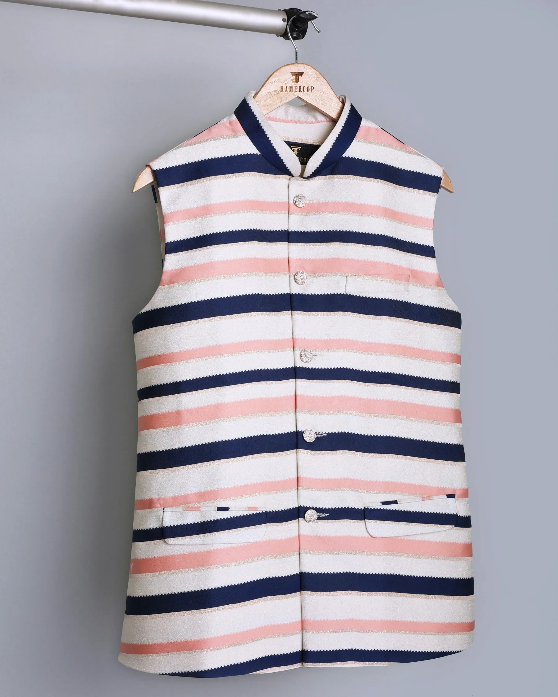 Navyblue With Peach Jacquard Designer Nehru Jacket