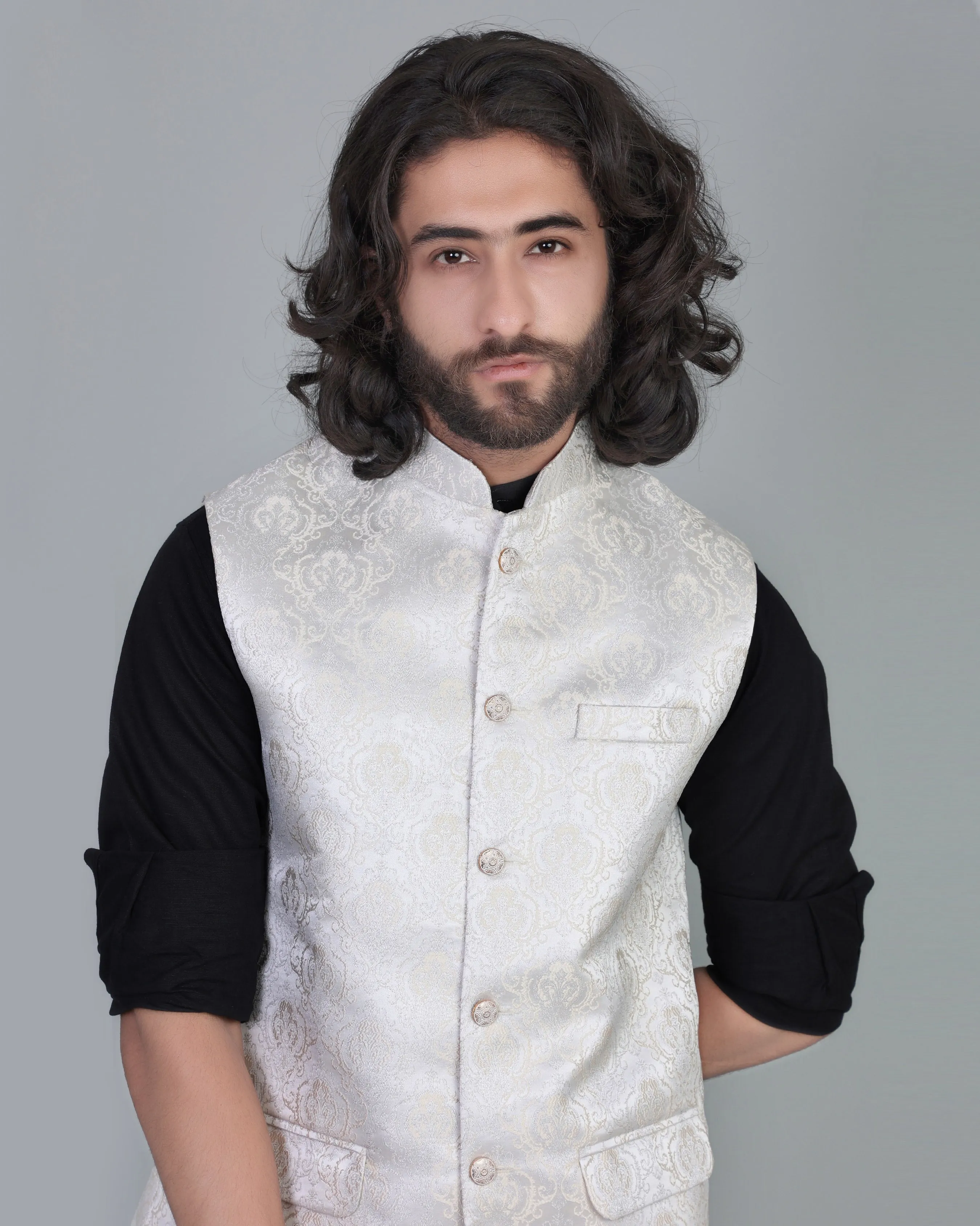 Silver Creamish Gorgious Paisly Printed Emrodery Jacquard Designer Nehru Jacket
