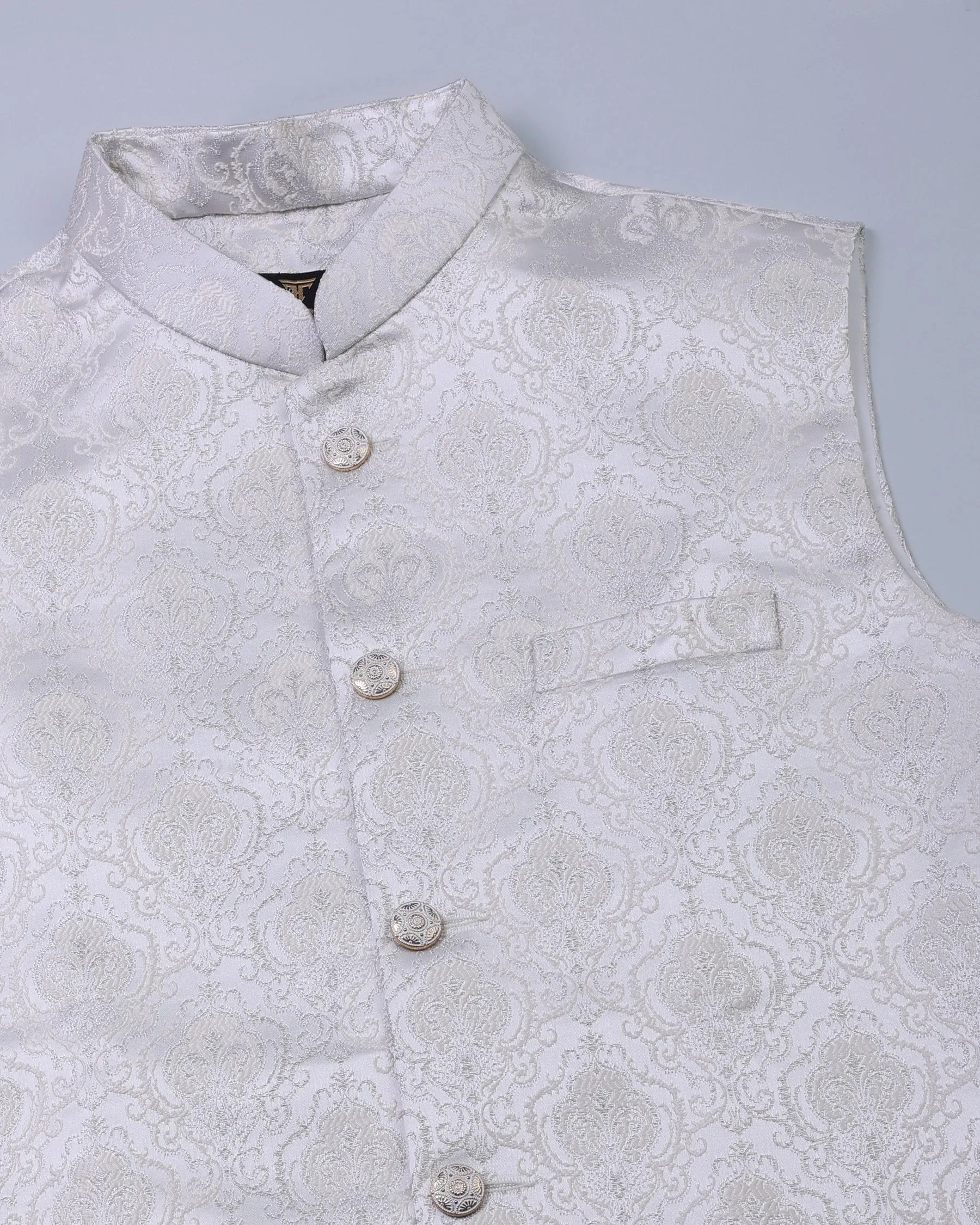 Silver Creamish Gorgious Paisly Printed Emrodery Jacquard Designer Nehru Jacket