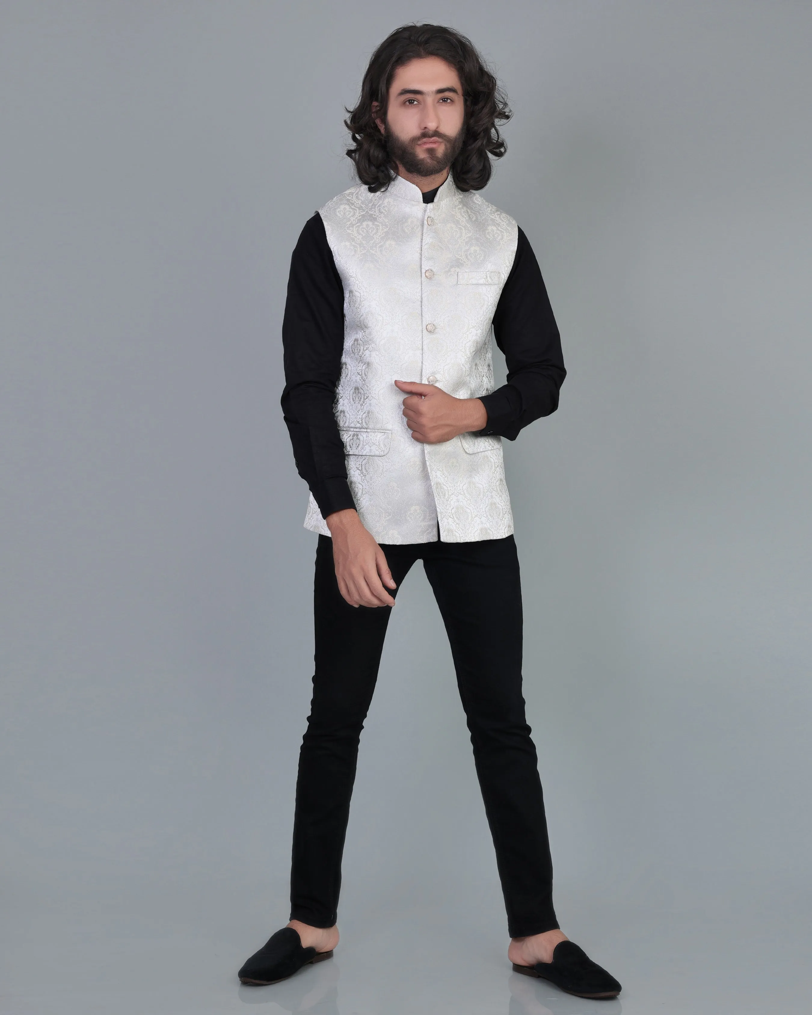 Silver Creamish Gorgious Paisly Printed Emrodery Jacquard Designer Nehru Jacket