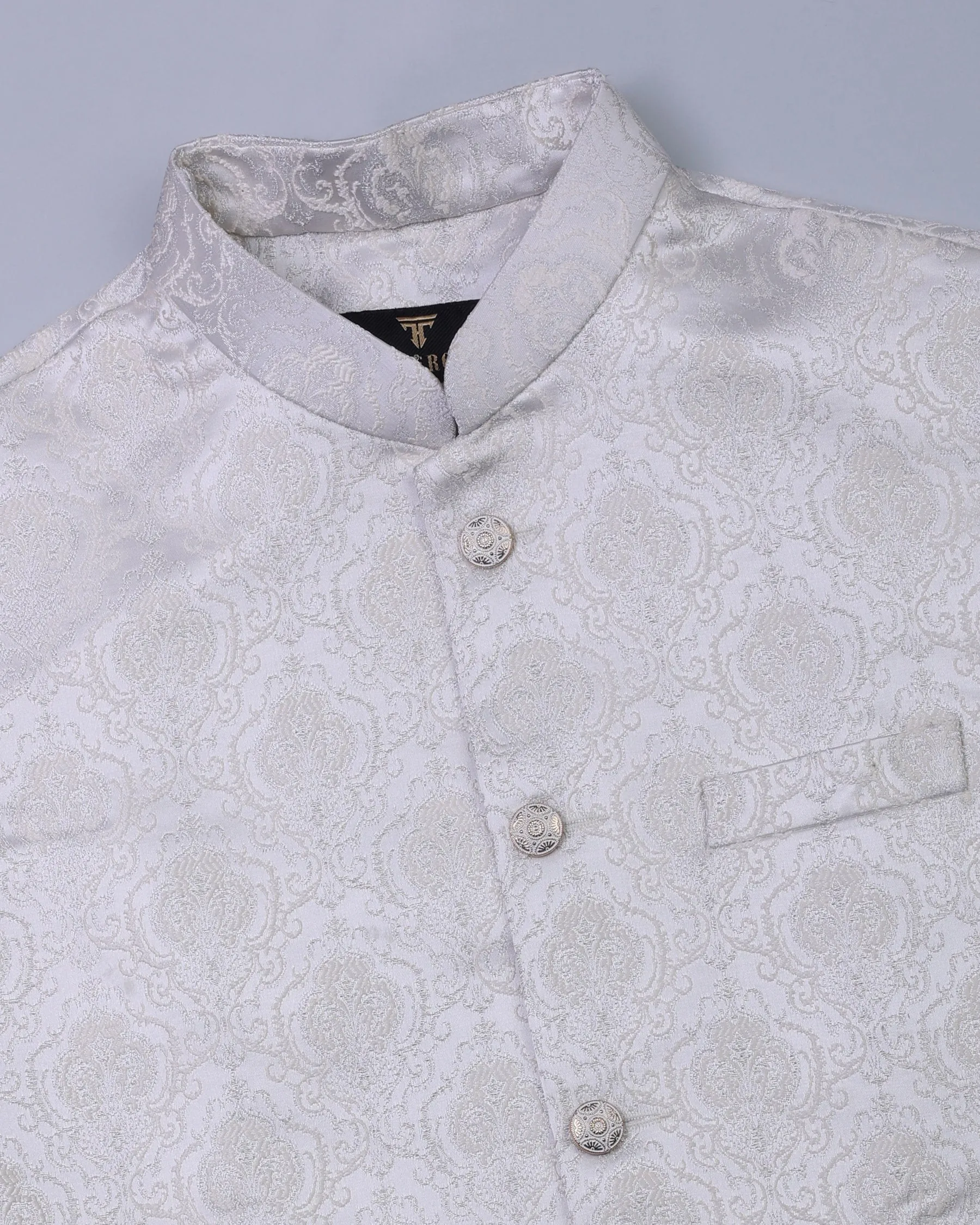 Silver Creamish Gorgious Paisly Printed Emrodery Jacquard Designer Nehru Jacket