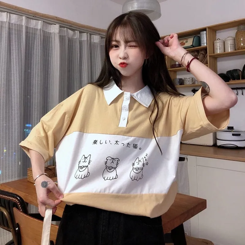 Sleepy Kitty Preppy Loose Oversize T-shirt