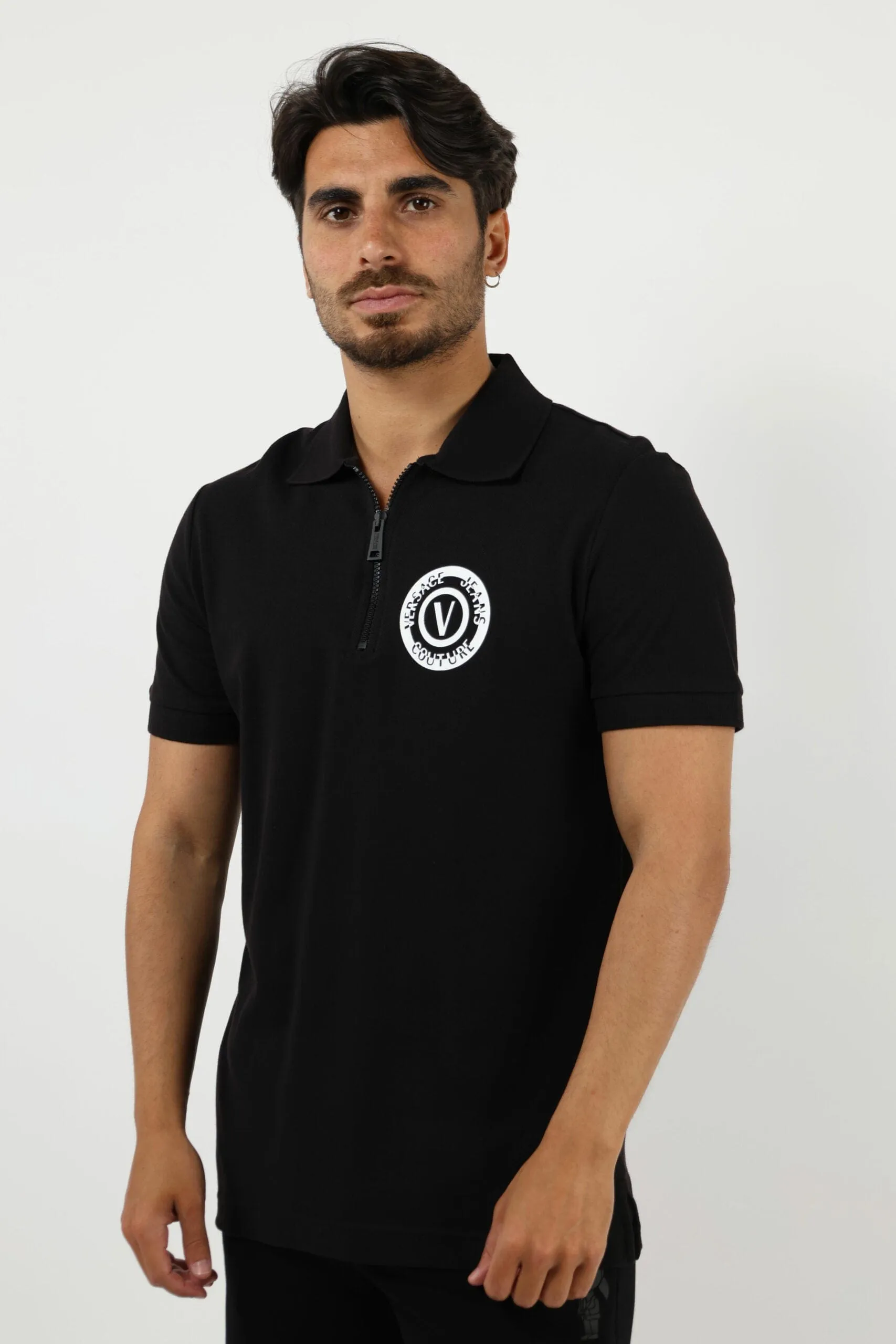 Versace Jeans Couture Men's Black Polo Shirt with Embroidered Medallion -
