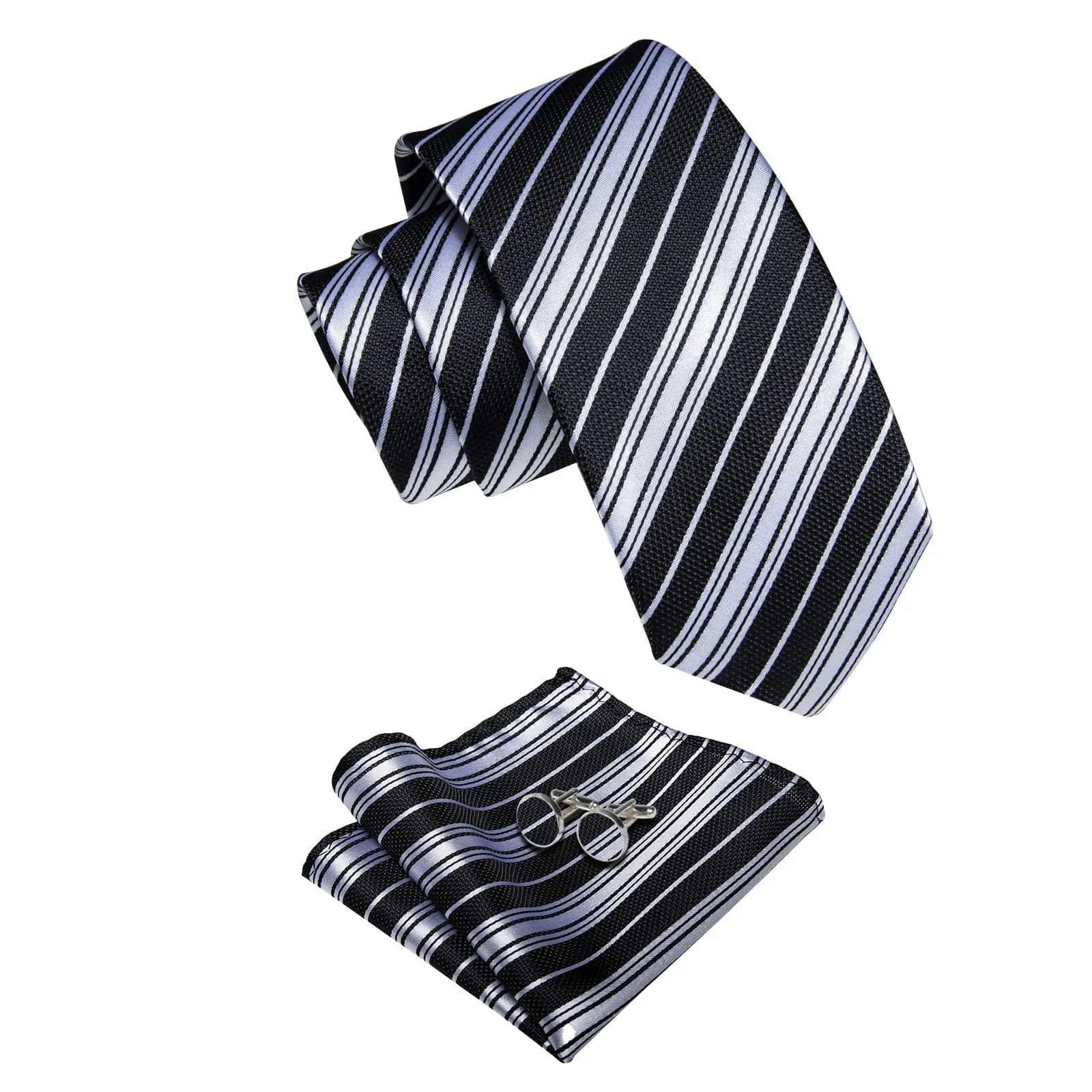 YourTies White Solid Long Sleeve Shirt with Black White Striped Silk Tie for Men