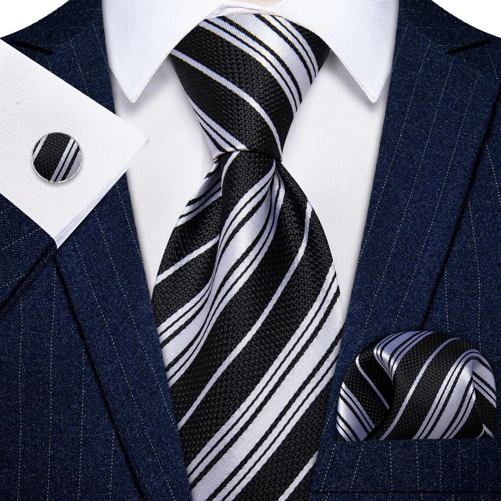 YourTies White Solid Long Sleeve Shirt with Black White Striped Silk Tie for Men